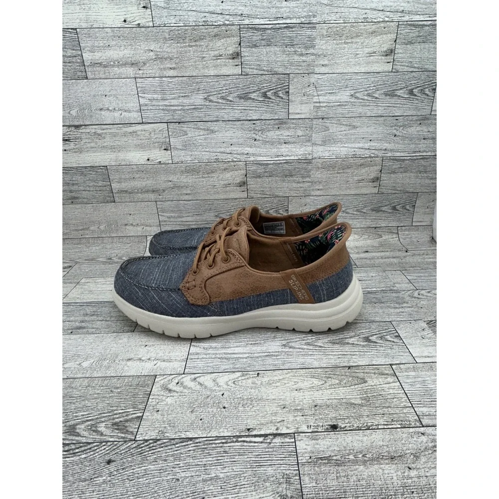 Skechers Slip-ins On-the-GO Ideal Navy Tan Boat Shoes 138215 Women Sz 7.5‎